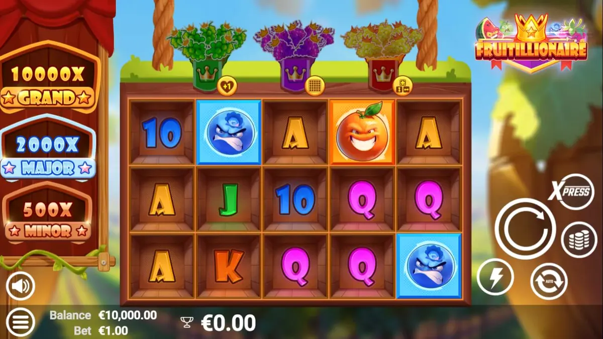 Tampilan visual slot Fruitillionaire dengan karakter buah yang marah dan latar belakang kerajaan emas.