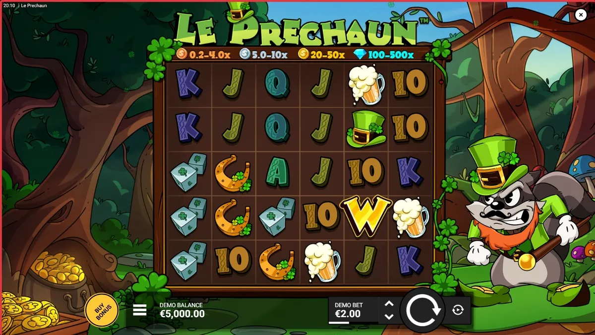 Le Prechaun slot dengan karakter rakun dan tema hutan Irlandia