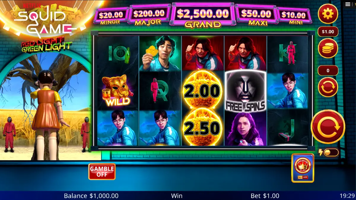 Tampilan visual slot Squid Game: Red Light, Green Light dengan elemen ikonik dari serial aslinya.